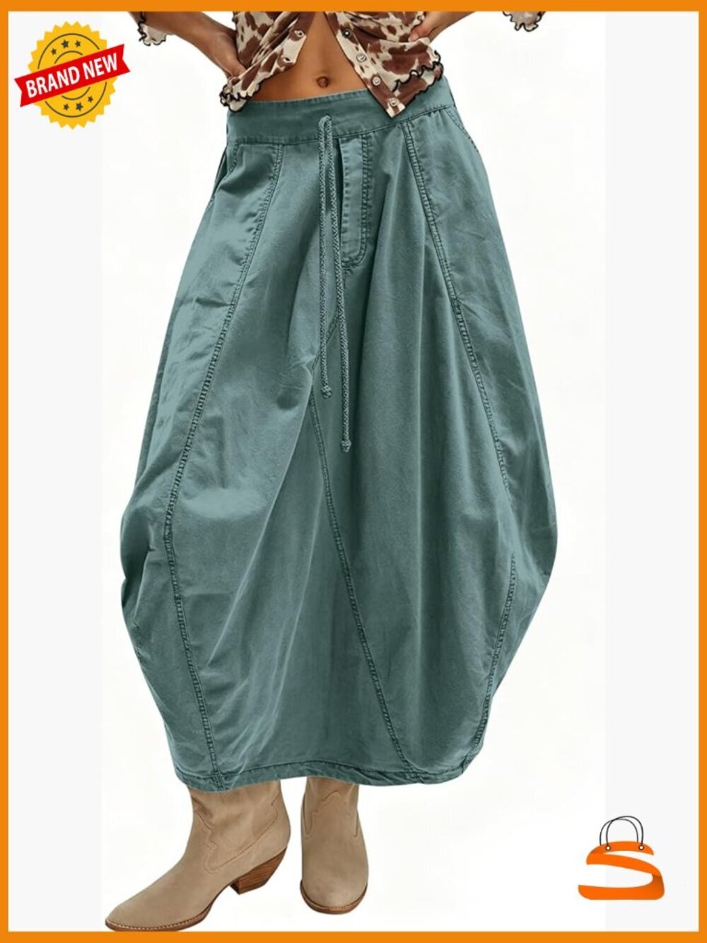 Baggy Midi Parachute Cargo Skirt with Pockets Streetwear